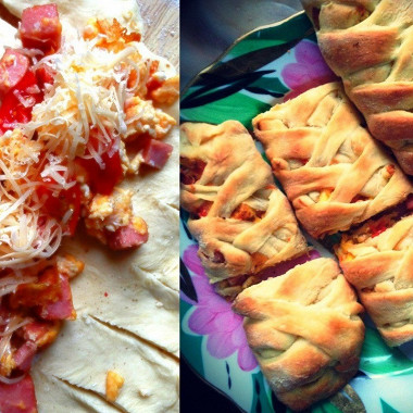 Рецепт Слоеная косичка с колбасой, помидорами и сыром
